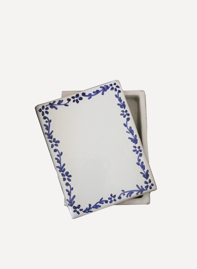 Hand-Painted Blue and White Floral Ceramic Box