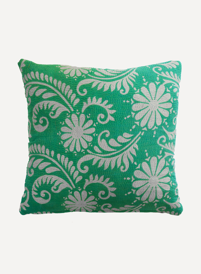 Mint Green Kantha Quilt Cushion with Blue Stitch Detail 50cm x 50cm