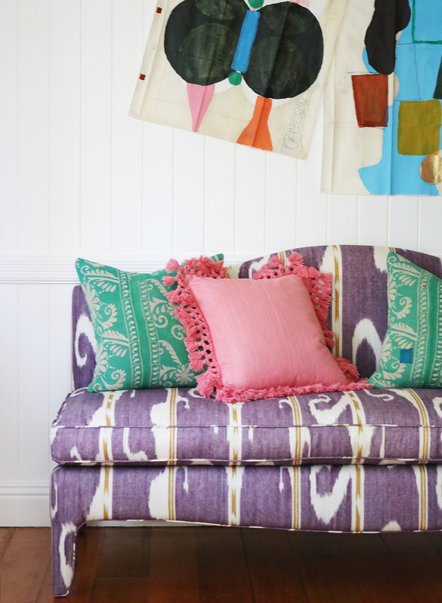 Curved Back Armless Sofa in Aubergine Ikat