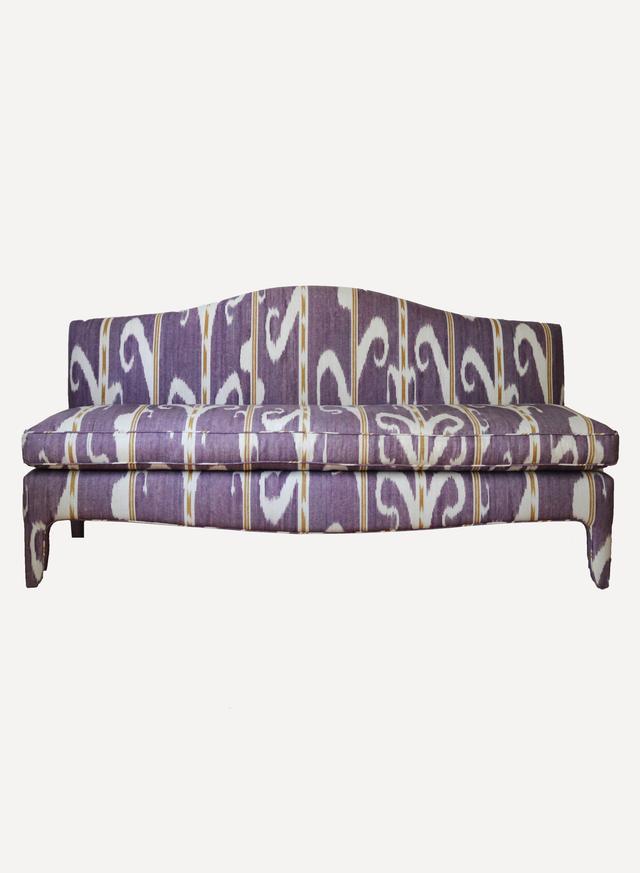 Curved Back Armless Sofa in Aubergine Ikat