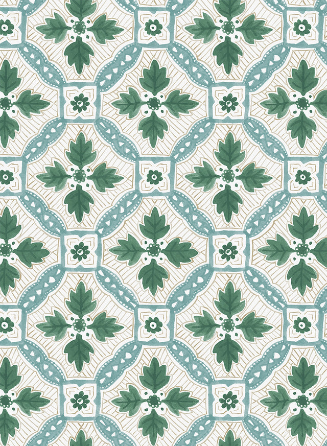 Camona Green, Taupe and Turquoise Wallpaper by the Roll