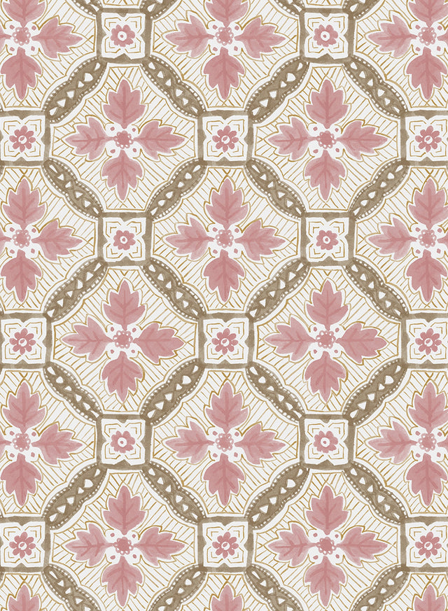 Camona Pink, Taupe and Mustard Wallpaper Sample